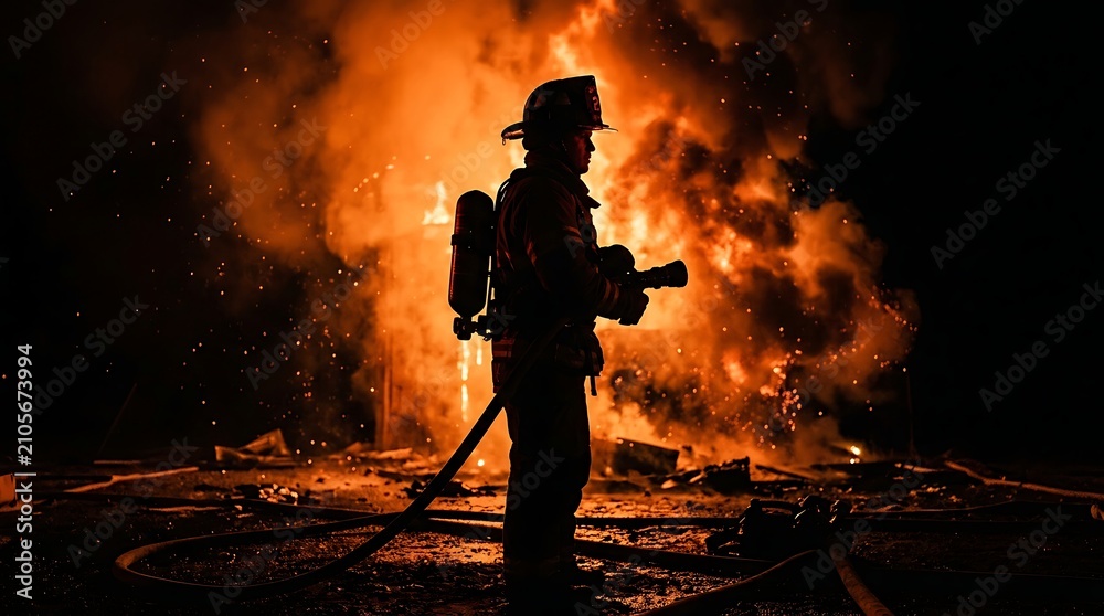 Fototapeta premium Silhouette of a firefighter battling a large, intense blaze at night, with bright orange flames and smoke.