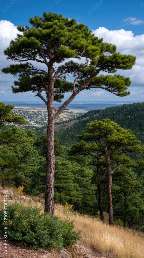 Fototapeta premium Mature tree with light trunk and dense green leaves on incline beside dry grass and bushes under blue sky and clouds