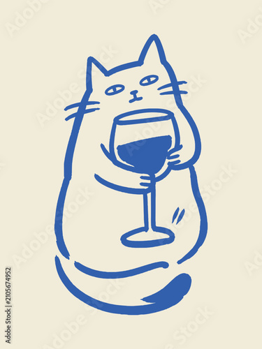 Cat Holding Wine Glass Naive Hand Drawn Vector Illustration