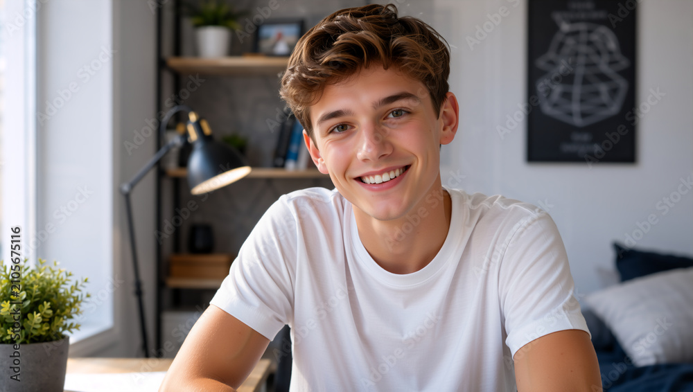 Obraz premium Portrait of a smiling teenage boy in a white t-shirt sitting in his bedroom. Happy young Caucasian male student looking at the camera. Casual youth lifestyle