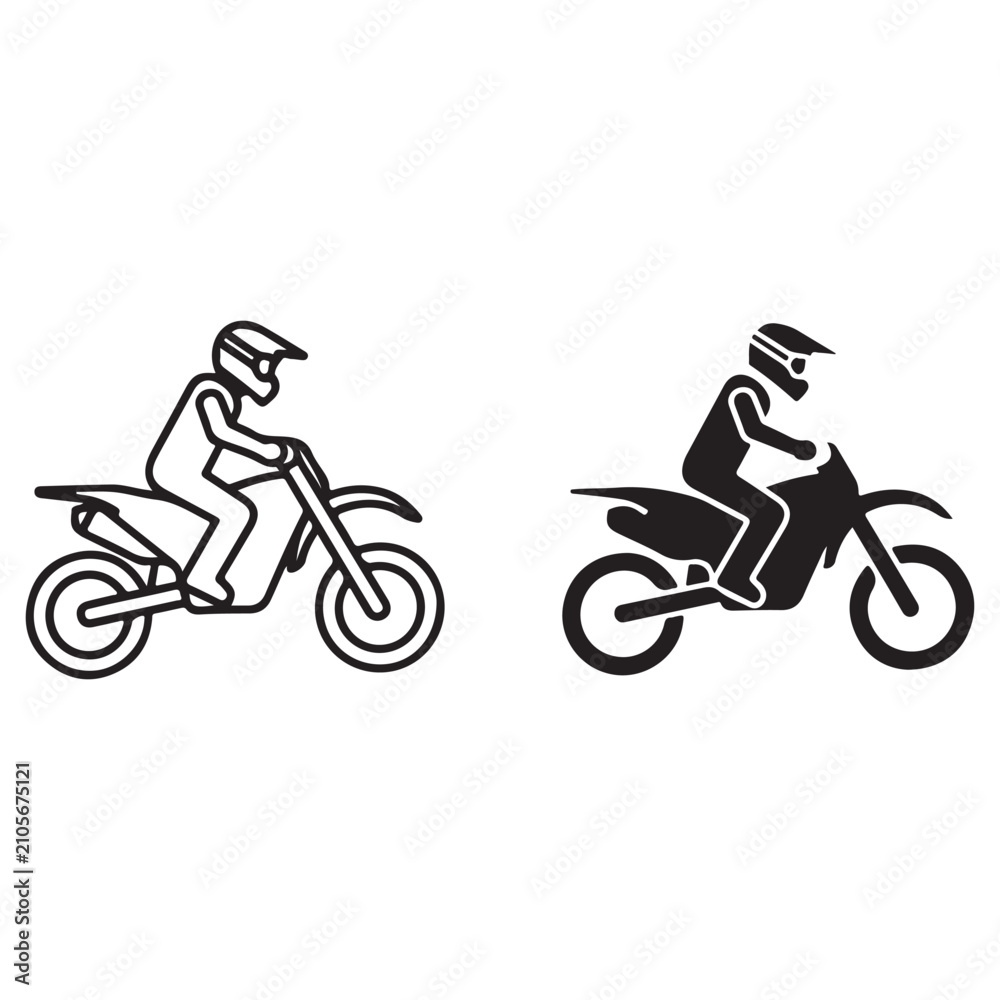Obraz premium Motocross rider vector icons in outline and solid silhouette styles for dirt bike racing and extreme sports competition branding