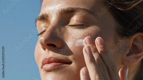 Young woman applying sunscreen to cheek with eyes closed in sunlight, close up skin care routine, serene expression, natural light, healthy skin glow