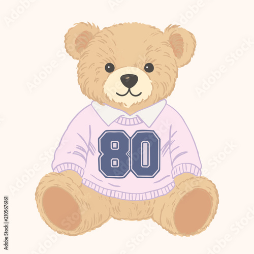 Baby teddy bear seating isolated cream background vector 
