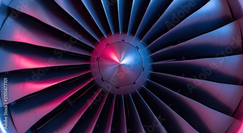 Close-up of Modern Jet Engine Turbine with Dramatic Pink and Blue Lighting, Aerospace Technology and Engineering Concept