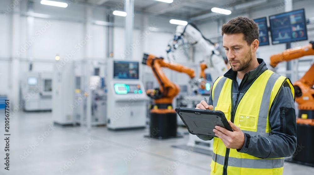 Fototapeta premium A man in a safety vest inspects a tablet computer inside a modern manufacturing facility with robotic arms