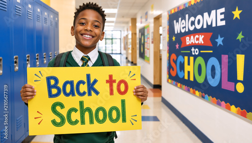 Happy African American schoolboy holding back to school sign. Smiling young student standing in school hallway with lockers