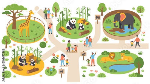 Foto Zoo park map with visitors observing wild animals in natural habitats set