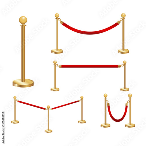 Red velvet rope barrier set. vector illustration
