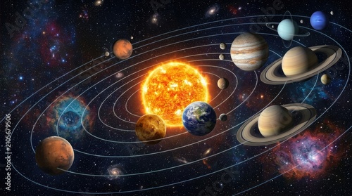 A vibrant illustration depicts our solar system, centered around a radiant yellow sun. Eight planets orbit the sun in elliptical paths, showcasing their 