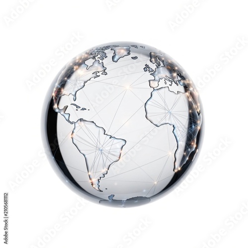 Illuminated glass globe showcasing a network of interconnected nodes symbolizing global technology and seamless connectivity spanning across different continents