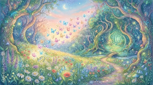 A magical forest scene unfolds, bathed in the soft glow of a rising sun and a crescent moon. Ancient, gnarled trees frame a winding path leading 