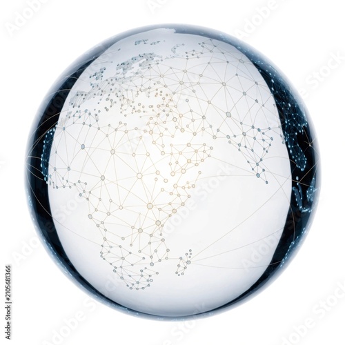 A glass globe illustrating a connected global network featuring illuminated nodes that represent technology and communication linking various continents