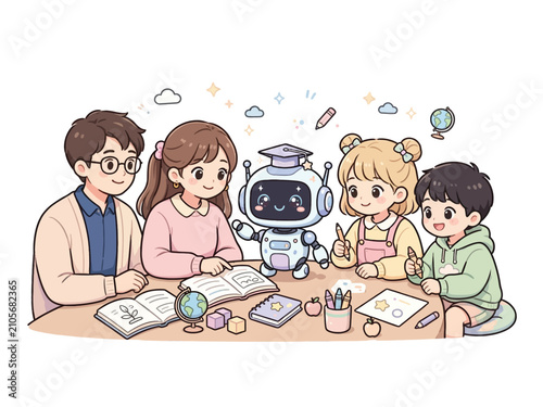Cute kids and parents learning with friendly robot tutor
