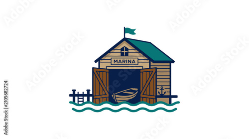 Bild auf Leinwand Nautical marina boathouse icon with boat and waves.