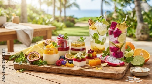 A vibrant and refreshing tropical beverage assortment is displayed on a wooden table outdoors. Several glasses filled with colorful fruit-infused drinks, 