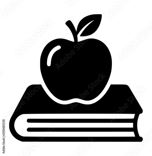 Black silhouette icon of an apple placed on top of a book with education