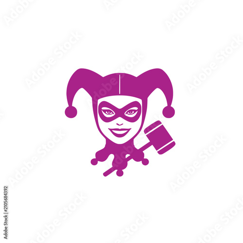 Spooky purple Halloween silhouette of a classic comic book jester supervillain character face smiling wickedly with a large mallet vector graphic design