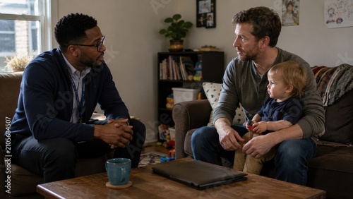 A professional consultant or social worker speaks with a father holding his toddler during an in-home consultation in a living room.