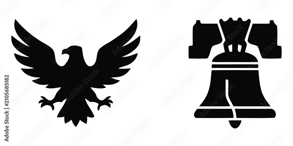 Fototapeta premium American Bald Eagle and Liberty Bell Icons Set Minimalist Solid Black Geometric Shapes Vector Pack
