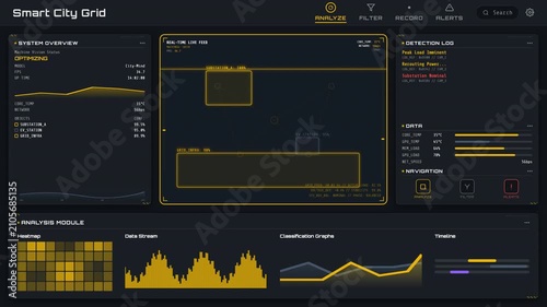 Monitoring telemetry of a electrical substation load balancer featuring a city-wide energy distribution network inside a central data center operations, panoramic view.