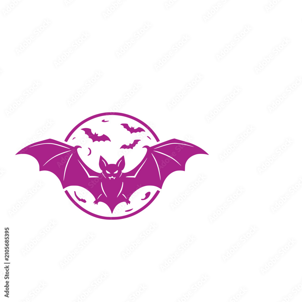 Fototapeta premium Spooky purple Halloween silhouette showcasing a creepy flying vampire bat spreading its wings across a bright full moon outline vector graphic design element