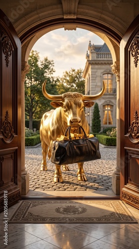 Golden bull statue standing outside a luxury mansion entrance holding a black duffel bag filled with gold bars in its mouth.