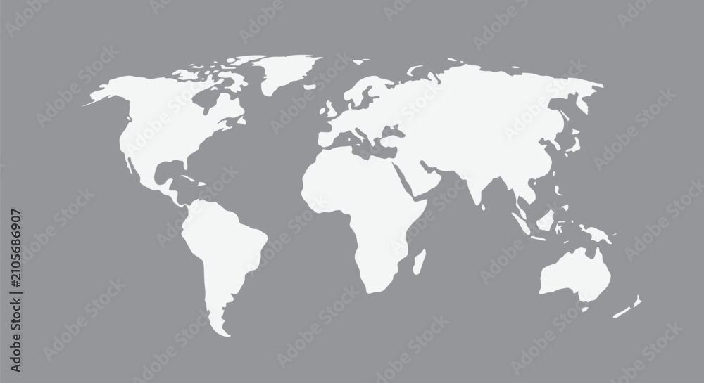 Fototapeta premium white world map on soft gray isolated background, elegant minimal geographic composition, modern business presentation style