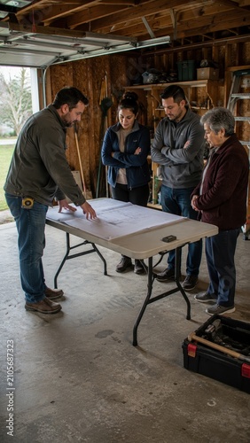 A male contractor reviews architectural blueprints with a family of three during an in-home consultation in a residential garage.