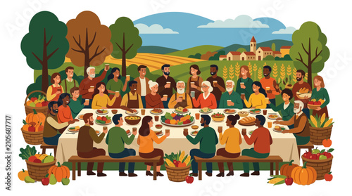 Diverse Community Thanksgiving Dinner Feast Outdoor Harvest Celebration Illustration