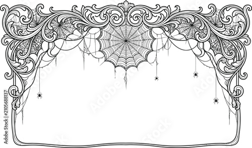 Ornate Halloween Border Frame with Baroque Scrolls and Spider Webs Vector