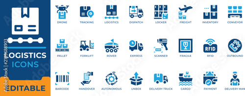 Photos Logistics Delivery Shipping Supply Chain Warehouse Icon Set - editable flat vect