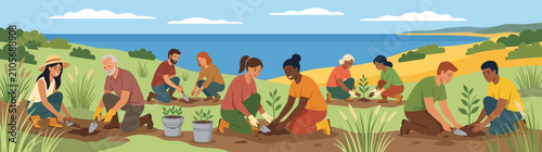Tableau sur toile Diverse Group of Volunteers Planting Trees Together in Nature