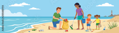 Konstfotografi Family Cleaning Plastic Trash on Beach Environmental Conservation Illustration
