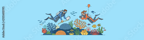 Bild auf Leinwand Illustration of Marine Biologists Diving and Researching Coral Reef