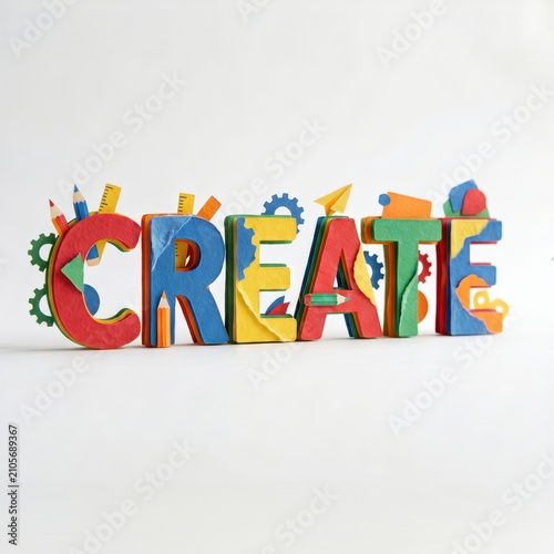 colorful 3d word create decorated with small school supplies on white background. pencil, gear and paper airplane elements. education, creativity and imagination concept. copyspace.