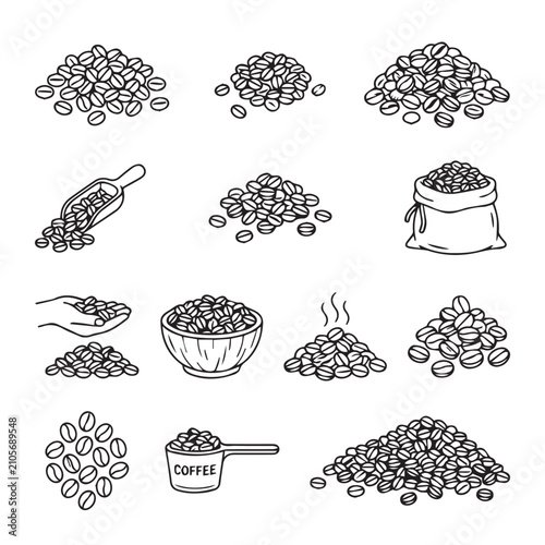 Coffee beans arranged in various piles and containers with a scoop and steaming illustration for beverage concept