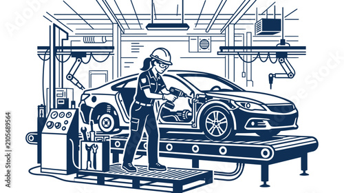 Female worker using drill on car assembly line