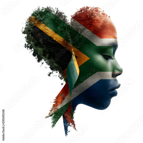 South African Woman's Profile with Flag Overlay, Representing Identity and Heritage