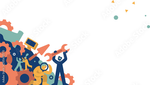 Canvastavla Vector illustration of tiny labor characters working together with massive gears