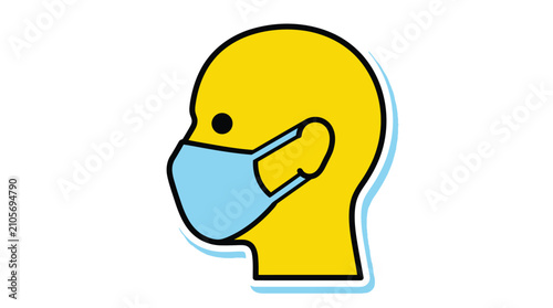A yellow vector illustration of a human head wearing a protective blue medical face mask