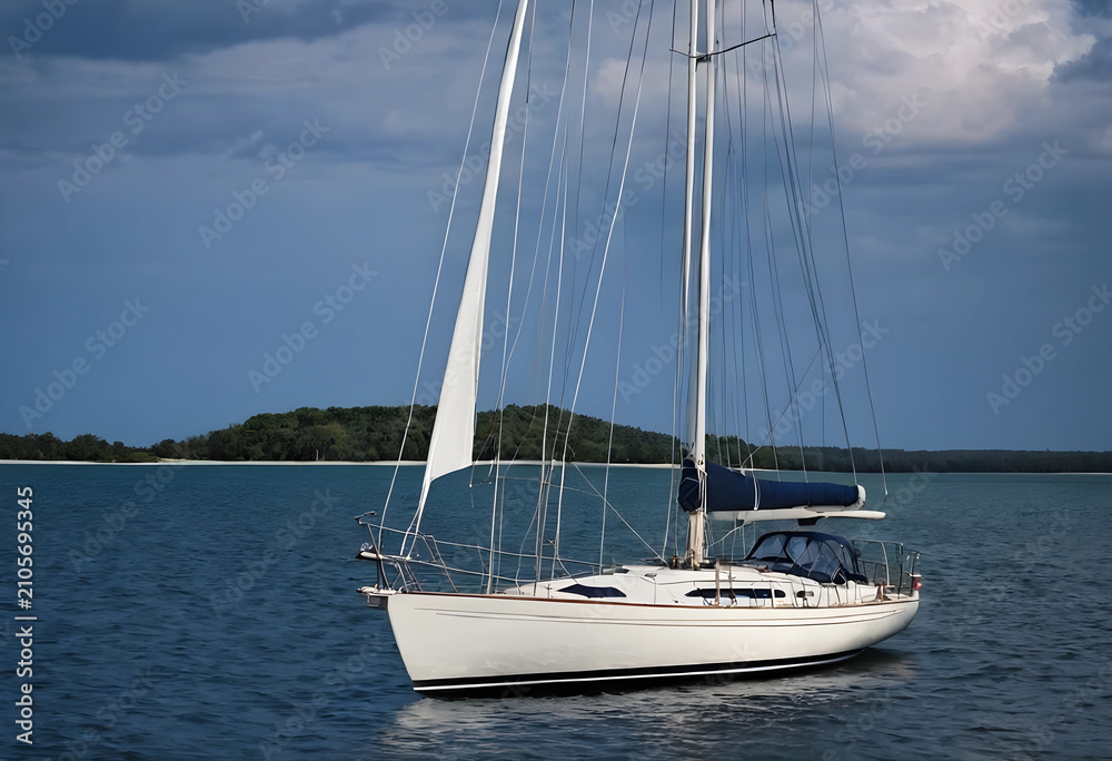 Fototapeta premium Sailboat anchored on calm water near island