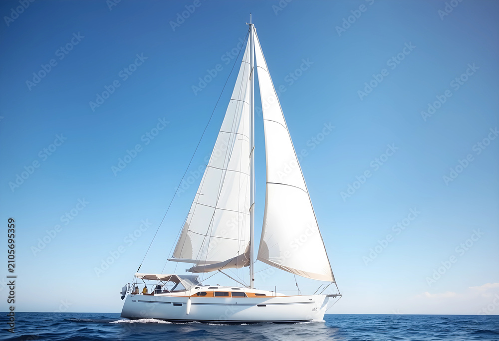 Fototapeta premium White sailboat sailing on calm blue sea under clear sky