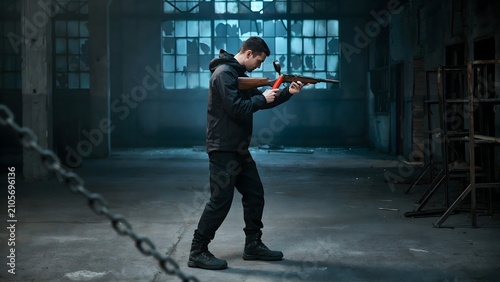 Man Holding Rifle in an Empty Industrial Warehouse with large windows