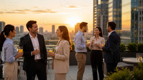 Business professionals networking on a modern skyscraper rooftop terrace during sunset golden hour