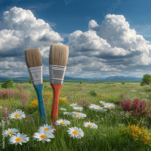 Two wooden spoons standing in wildflowers isolated on transparent background