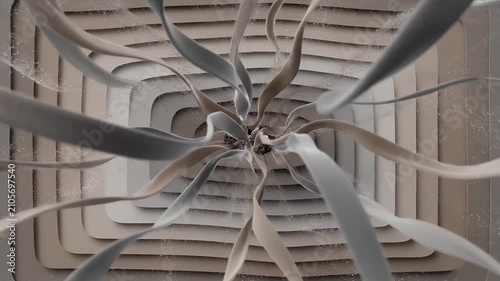 Abstract 3D paper cut art with flowing layered ribbon forms in neutral beige and grey tones creating a dynamic depth effect