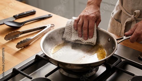 Wiping cook wearing apron pressing towel on stainless frying pan on gas stove in kitchen