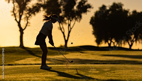 Swinging visored adolescent female golfer striking ball on fairway at sunset, with club and divot