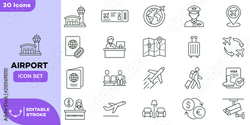 Airport Aviation Travel Line Icon Set. Collection with Flight Terminal, Airplane, Passport, Visa, Ticket, Pilot, Luggage, Check-in, Lounge, Currency Exchange and CCTV. Editable Stroke Vector