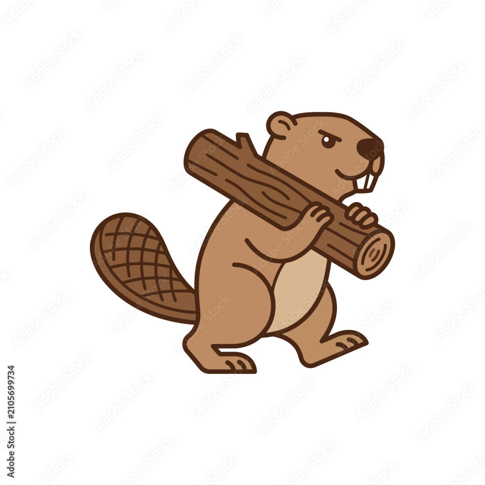 Fototapeta premium Cartoon beaver illustration carrying a log for construction designs.